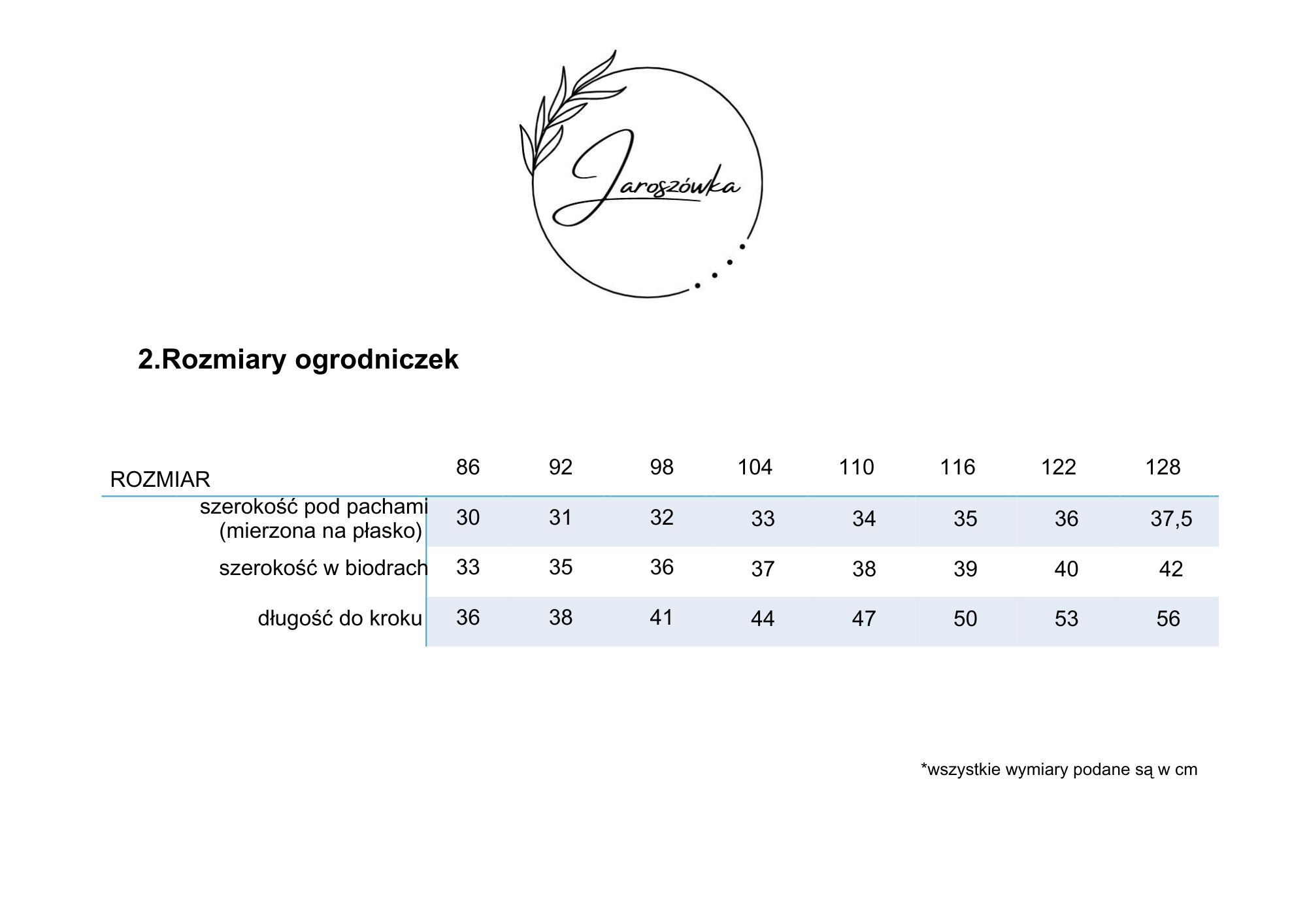Rozmiary ogrodniczek
